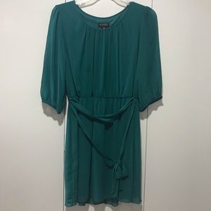 Teal mini dress with tie belt